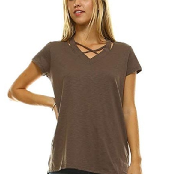 L Ma Belle Cold Shoulder V Neck Tee Shirt Cotton - Picture 4 of 4